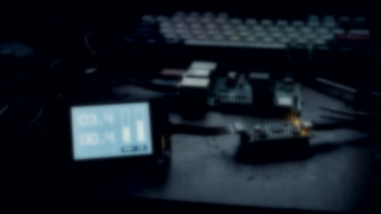 Macro view travelling along an embedded-systems workbench with a wired microcontroller at night
