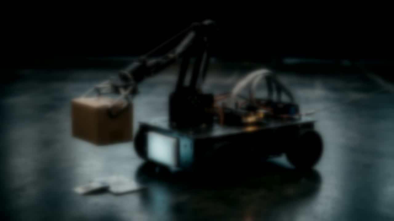 Autonomous delivery robot with a servo arm lifting a parcel on a warehouse floor