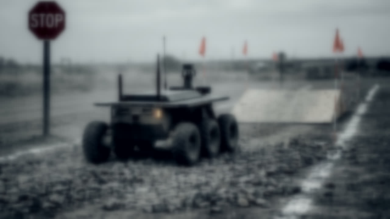 Six-wheeled rocker-bogie ground vehicle climbing a rock mound on a marked test course